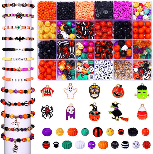 1510PCS Halloween Beads for Jewelry Making Pumpkin Skull Beads Polymer Clay Beads Evil Eye Beads Enamel Halloween Charms for Bracelet Necklace Ear...