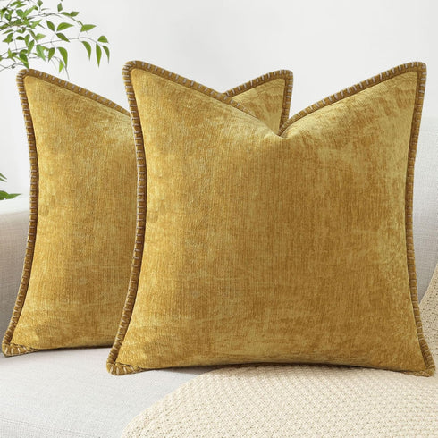 decorUhome Chenille Soft Throw Pillow Covers 18x18 Set of 2, Farmhouse Velvet Neutral Decorative Pillow Covers with Stitched Edge for Couch Sofa B...