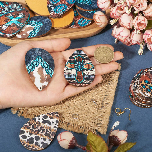Craftdady Teardrop Wooden Earring Making Kit Western Charms Cow Turquoise Leopard Print Charms with Hooks Open Jump Rings Bohemian Earring for Wom...