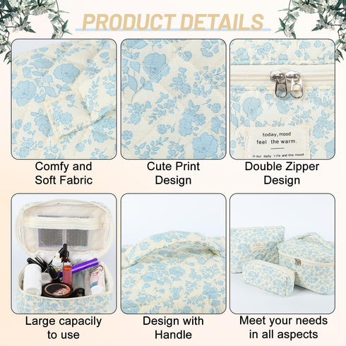 3Pcs Cotton Quilted Makeup Bag Large Travel Cosmetic Bag,Big Coquette Makeup Bag,Floral Aesthetic Toiletry Organizer Bag Zipper Pouch for Women Gi...
