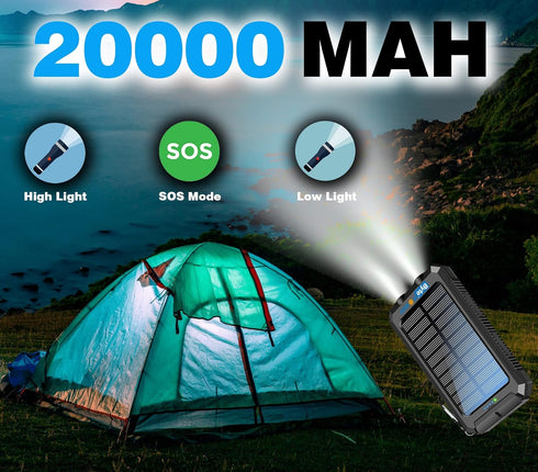 Solar Charger Power Bank 20000mAh, Portable Solar Pone Charger with Compass,Carabiner, Whistle,Flashlights,Solar Panel Charger,Camping Gear Access...