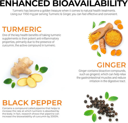 Organic Turmeric Curcumin 1950mg with Black Pepper, Ginger Supplement - 95% Standardized Curcuminoids - Turmeric Capsules, Natural Skin, Joint Sup...
