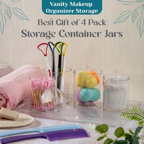 Qtip Holder Pack of 4, Vanity Makeup Organizer Storage, Clear Plastic Apothecary Jars with Lids, Organizer Storage for Cotton Swabs, Cotton Balls,...