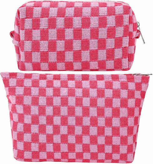 2-Pack Makeup Bag For Women - Large Checkered Knitted Cosmetic Bags&Small Makeup Pouch Aesthetic Design Travel Toiletry Bag Skincare Bag Car Stora...