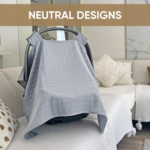 MOZAH Baby Car Seat Cover - Belgian Grey - 100% Organic Muslin - Soft, Breathable and Lightweight, Baby Infant Car Seat Essentials...