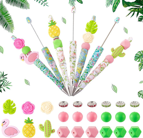 Beadthoven 12pcs DIY Beadable Pens, Hawaiian Flower Plastic Bead Pens with 48pcs Assorted Boho Tropical Summer Flamingo Pineapple Beads Pen Making...