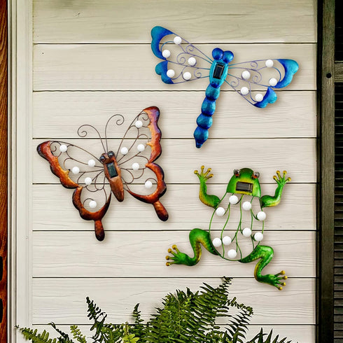 Outdoor Dragonfly Garden Décor, Metal Dragonfly Solar Lighted Wall Art Décor, Dragonfly Yard Art Dragonfly Sculpture Lamp for Fence Patio...