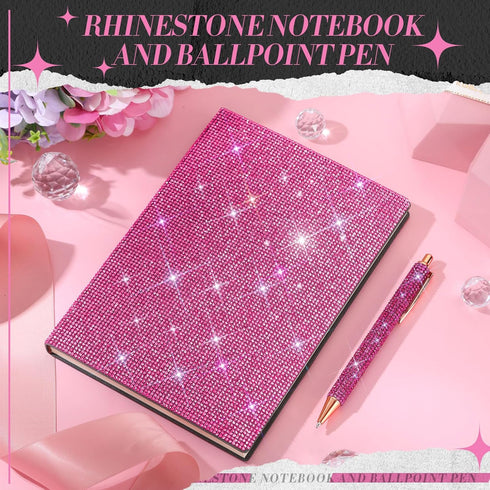 Notebook and Rhinestone Pen Sets, A5 Diamond Crystal Notebook, Crystal Pen, Bling Office Accessories (Rose Red)...