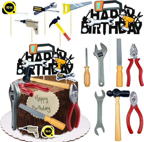 18PCS Tools Cake Topper Tools Cake Decorations Toolbox Wrench Hammer Mechanic Drill Plier Handsaw Tape Measure Screwdrivers Themed Happy Birthday ...