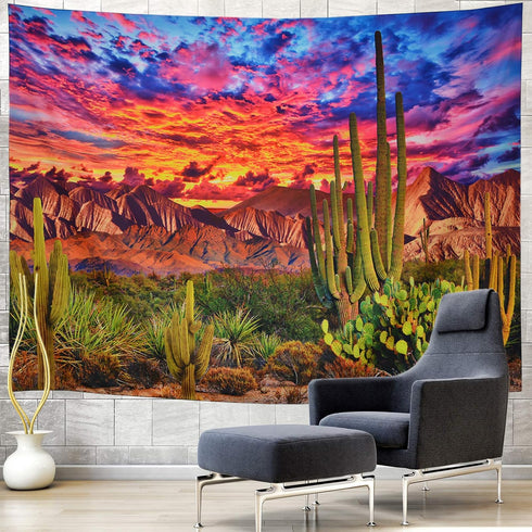 Generleo Mountain Desert Cactus Tapestry Sunset Clouds Tapestries Psychedelic Tropical Plants Wall Tapestries Nature Scenery Tapestry Wall Hanging...