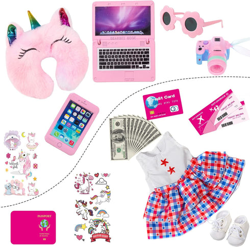 ZQDOLL American 18 inch Doll Clothes and Accessories - Doll Travel Suitcase Play Set Including Suitcase Doll Clothes, Shoes, Sunglasses, Camera, U...