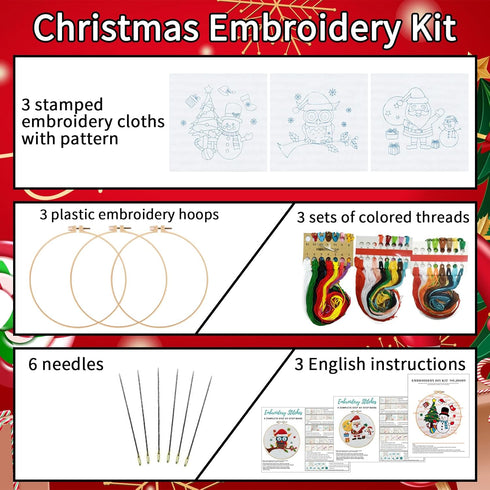 Nuberlic 3 Pc Christmas Embroidery Kit for Beginner Adults Kids with Santa Snowman Owl Patterns Stamped Cross Stitch Kits with 3 Embroidery Hoops ...