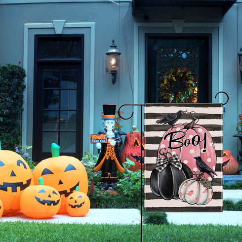 Halloween Boo Pumpkin Patch Small Decorative Garden Flag, Crow Pink Gourd Black White Stripes Yard Lawn Outside Decor, Fall Ghost Holiday Farmhous...