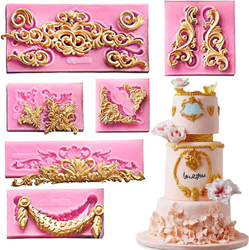 (Set Of 6) Baroque Fondant Molds for Cake Decorating Curlicues Scroll Lace Border Candy Silicone Mold for Sugarcraft, Cupcake Topper...