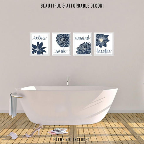 Simple Relax Soak Unwind Breathe Navy Blend Floral Prints, 4 (8x10) Unframed Photos, Wall Art Decor Gifts for Home Office Salon Lounge Bathroom Sc...