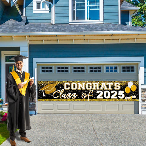 2025 Graduation Decorations Gold Class of 2025 Banner Large Congrats Grad Graduation 2025 Yard Signs for Graduate Party Supplies (Gold)...