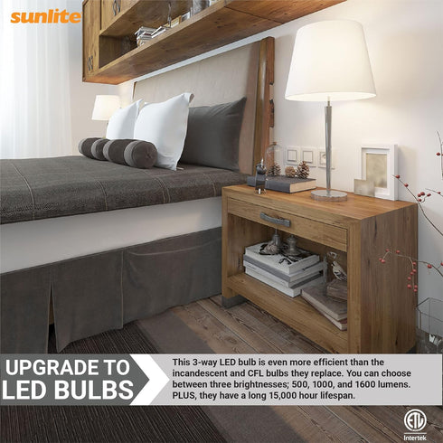 Sunlite 70324 3-Way LED A19 Light Bulb, 5/9/15 Watts (40W 60W 100W Equivalent), 500-1000-1600 Lumens, Medium E26 Base, Omni-Directional, ETL Liste...