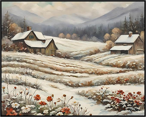 Posterizer 1 pcs-old farm house in snowy winter nature-in oil painting style-15-Landscape & Nature Art-Floral & Botanical Art- Dining Room Decor- ...