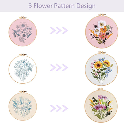 Offizon 3 PCS Embroidery Kit for Beginners - Cross Stitch DIY Craft Set, Flower Embroidery Accessories & Hoop Included, Hand Embroidery Kit for Ad...