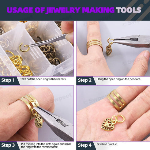 Swpeet 3053Pcs 3 Colors 4mm 6mm 8mm 10mm Earring Making Kit, Including Earring Posts, Gold Earring Backs, Open Jump Rings, Needle Nose Pliers, Elb...