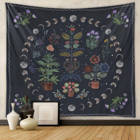 LINICE Nature Moon Phase Wall Hanging, Bohemian Mandala Tapestry Aesthetic Bedroom Decor, Botanical Tapestry Suitable For Bedroom Home Dorm...