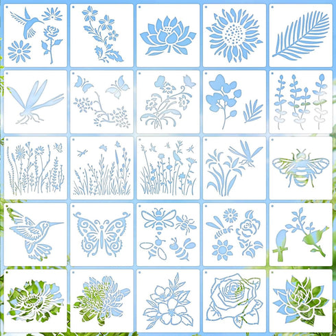 6 Inch Wildflower Stencils Reusable Spring Flower Stencils for Painting on Wood, 25 Pieces Floral Stencil DIY Craft Template for Painting on Furni...