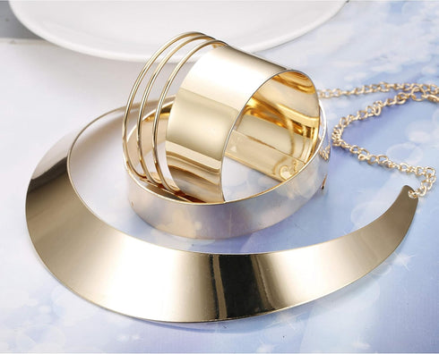 HANPABUM Women Gold Tone Choker Necklace and Cuff Bangle Bracelet Jewelry Set Exaggerated Punk Style (A:Gold Tone)...