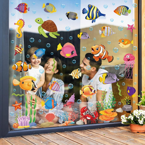 9 Sheets Summer Window Clings Ocean Themed Tropical Fish Window Decals Sea Life Double-Sided Window Decals for Summer School Home Office Bathroom ...