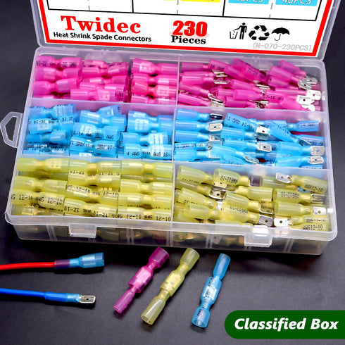 Twidec/230PCS Heat Shrink Spade Connectors Kit 22-10 AWG Female and Male Spade Terminlas Quick Disconnect Connectors Fully Insulated Electrical Wi...