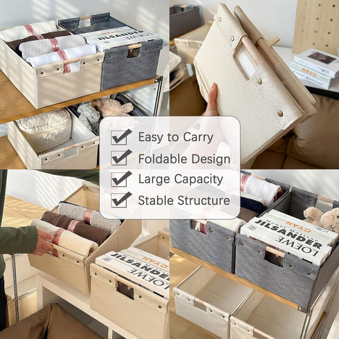 Storage Bins Cotton Linen Fabric Storage Boxes Basket with Wooden Handles Foldable Washable Decorative Shelf Container Clothes Organizer Home Laun...