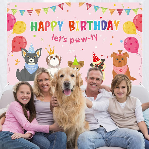 Dog Girl Party Decorations Pink Puppy Dog Themed Birthday Supplies Lets Party Banner Backdrop Dogs Cats Kids Birthday Photography Background Photo...