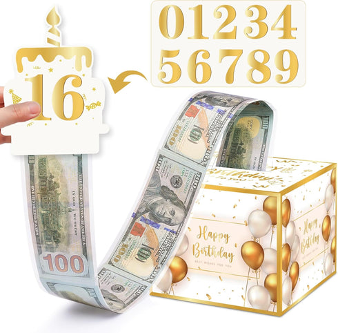 Birthday Money Gift Box with DIY Stickers for Any Ages, Surprise Money Holder for Cash Gift with Pull Out Happy Birthday Card and 100Pcs Bags - A ...