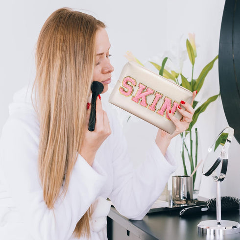 Y1tvei 2Pcs Preppy Patch SKIN HAIR Varsity Letter Cosmetic Toiletry Bag Pink Letter Makeup Bag Zipper Pouch Storage Portable Purse Waterproof Trav...