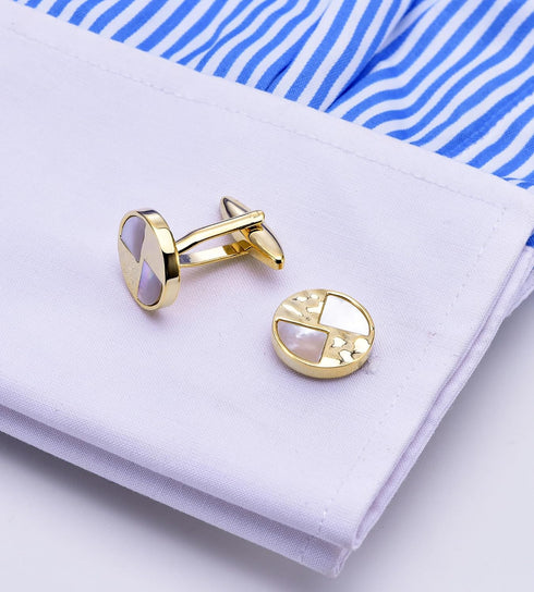 14K Gold Plated Natural Mother of Pearl Cufflinks for Men Lady Water Ripples Pattern Round Golden Men's Cufflinks Jewelry for Wedding Anniversary ...