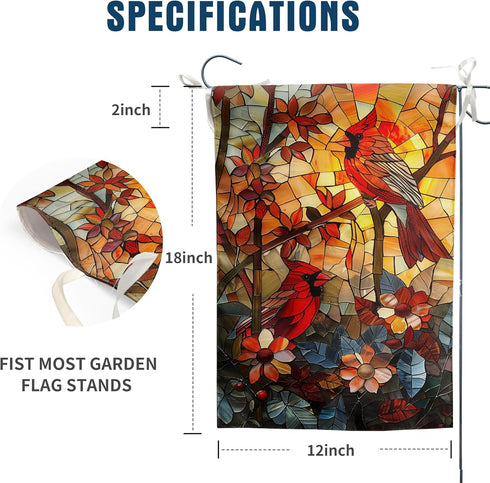 Stained Glass Cardinal Red Birds Garden Flag Spring Summer Yard Flag Fall Floral Decorative Flags for Outside 12x18 Double Sided Small Seasonal La...