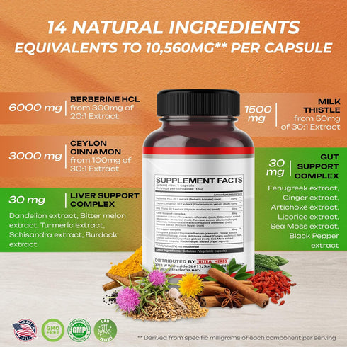 Premium Berberine 12,200MG with Cinnamon, Milk Thistle *USA Made & Test* Promotes Liver Function, Gut Health, Immunity (150 Count (Pack of 1))...
