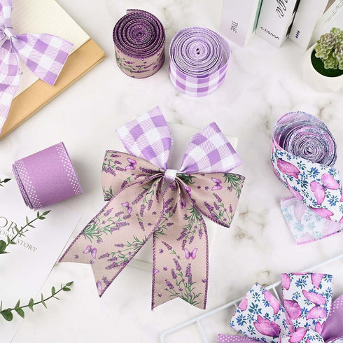 4Rolls 20 Yards Floral Wired Edge Ribbon Purple Lavender Butterfly Printed Burlap Ribbon for Gift Wrapping Wreath Bow Making Craft for Wedding Bri...