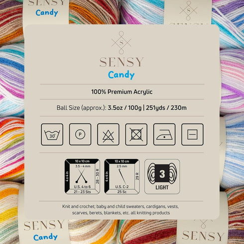 Sensy Candy Yarn, 3.5 oz, 251 Yards, Multicolor Yarn for Crocheting and Knitting, Craft Yarn, Gauge 3 Light (5432)...