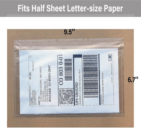 Clear 9.5'' x 6.7'' Adhesive Shipping Label Pouches/Sleeves, Plastic Packing Slip Envelope Protector Holder, Easily Fits Half of Letter-Size Paper...