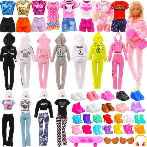 27 Pcs Doll Clothes and Accessories Including 8 Set Clothes Hooded Sport Suits Fashion Outfits Tops and Pants/Shorts with 15 Pairs of Shoes 4 Acce...