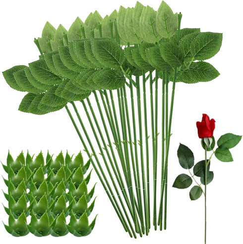 20PCS Floral Wire Stem with Leaves and 20PCS Artificial Flower Calyxes Set, for Floral Rose Arrangement, DIY Craft Bouquet Making, and Florist Sup...