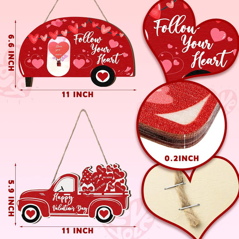 2 Pieces Valentine's Day Decor Valentine's Day Heart Sign Valentine's Day Wooden Wall Decor Happy Valentine's Day Truck Hanging Decorations for Ho...