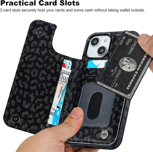 HAOPINSH for iPhone 13/14 Wallet Case with Card Holder, Black Leopard Cheetah Pattern Back Flip Case PU Leather Kickstand Card Slots Case for Wome...