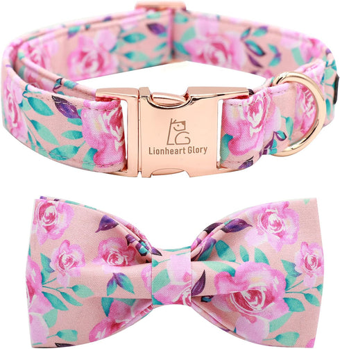 Lionheart glory Floral Rose Print Dog Collar Adjustable Soft Dog Collar with Bowtie, Girl Pet Collars for X-Small Small Medium Large Dogs...
