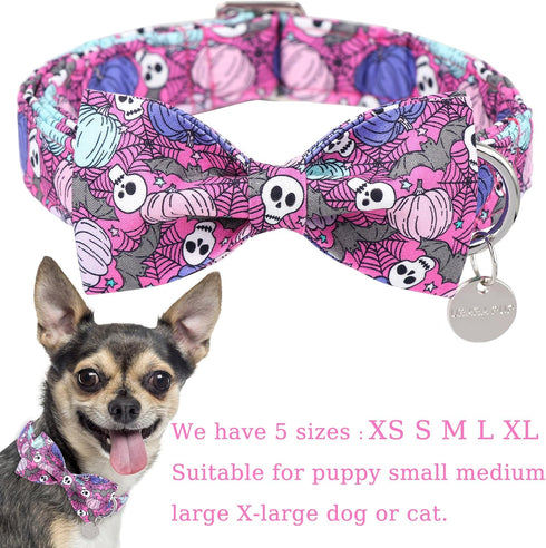 Halloween Dog Collar with Bow Tie, Pumpkin Cotton Bowtie Collar for Puppy Girl Dog or Cat, Halloween Bow Tie Collar with Durable Metal Buckle, Ado...