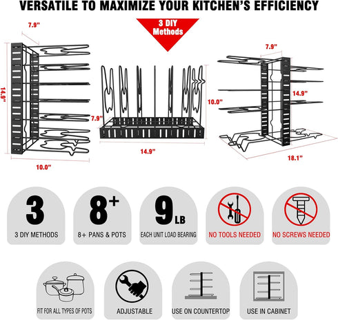 Pot Rack Organizer, 3 DIY Methods, Height and Position are Adjustable - 8 Pots Holder, Metal Kitchen Cabinet Pantry Pot Pan Lid Holder (BLACK)...