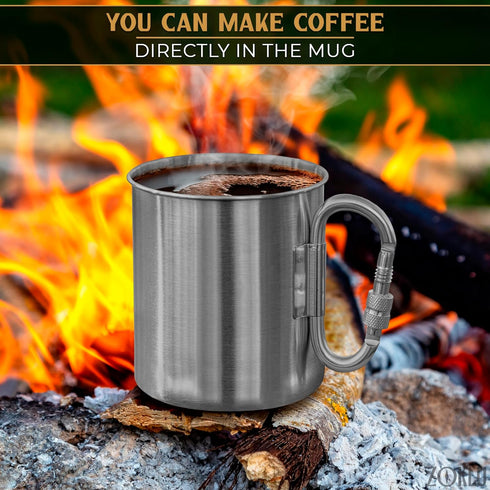 Stainless Steel Mug with Handle - Coffee Camping Mug with Carabiner Handle Portable Backpack Outdoor Cup Lightweight Camping Gear for Men - 13.5Oz...