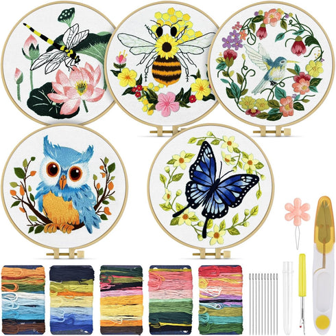 TINDTOP 5 Sets Embroidery Kit for Beginners Adult, Embroidery Kit for Beginners Include Embroidery Cloth Hoops Threads for Craft Lover Hand Stitch...