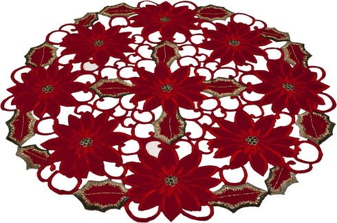 Linens, Art and Things Embroidered Elegant Rich Christmas Red Poinsettia Gold Thread Green Leaves Holiday Doily Small Tablecloth Centerpiece (24 I...