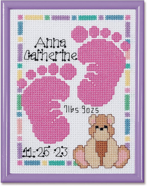 Janlynn Baby Footprints Counted Cross Stitch Kit, Pink, Purple, White...